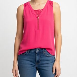 Express Hot Pink Lace-Trim Zip V-Neck Camisole